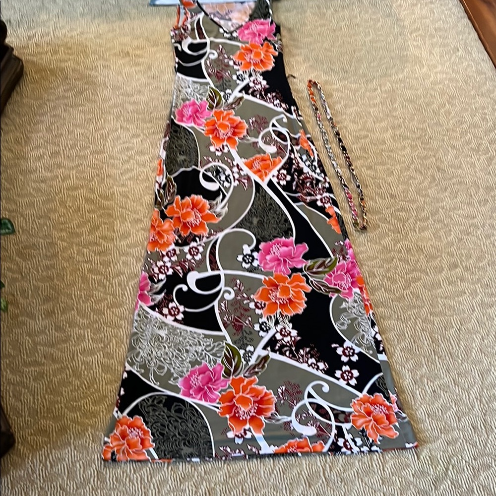 Cache Black Floral Maxi Dress with Belt